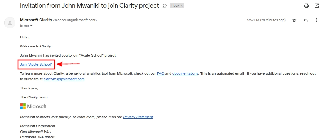 Accepting Microsoft Clarity team invitation