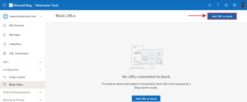 Add URL to block in Bing Webmaster Tools