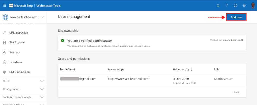 Adding a user in Bing Webmaster Tools