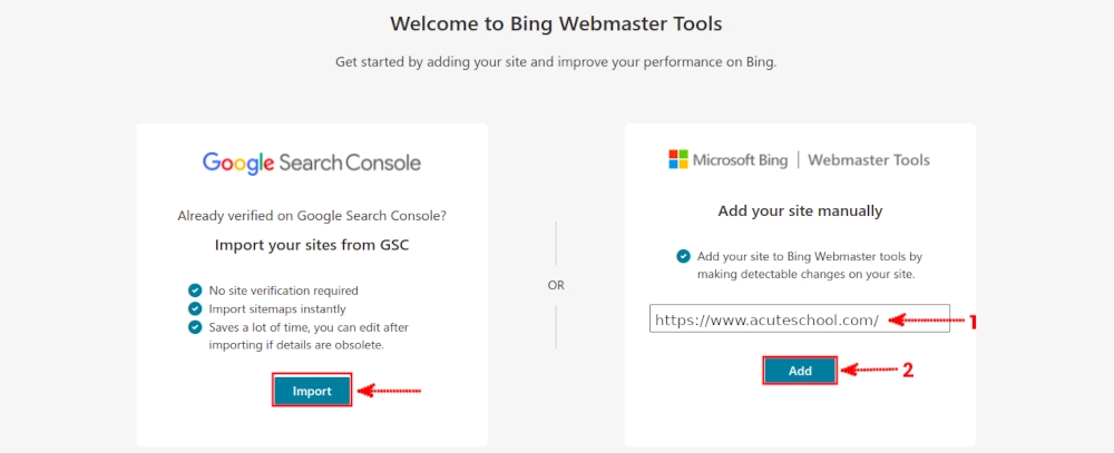 Adding a website to Bing Webmaster Tools