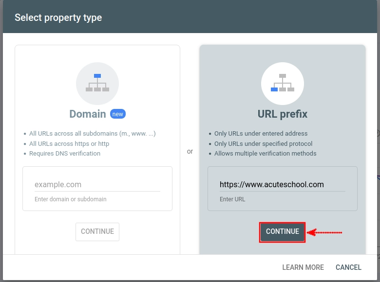 Adding website to GSC via URL prefix