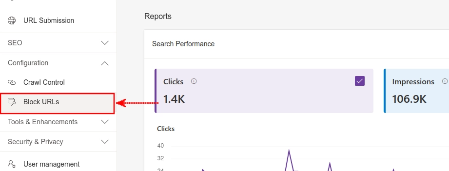 Block URLs option in Bing Webmaster Tools