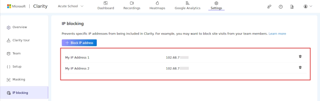 Blocked IP addresses on Microsoft Clarity