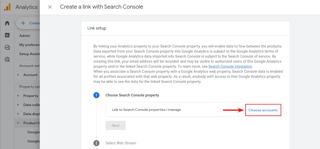 Choose Search Console Account in Google Analytics 4