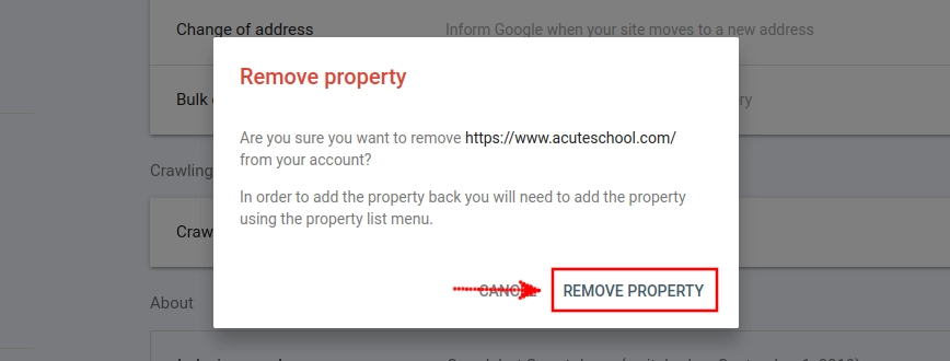 Confirming property removal in Google Search Console
