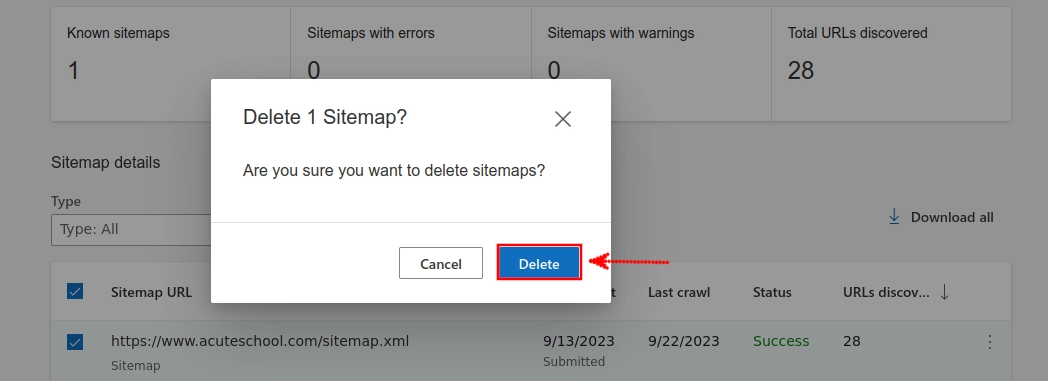 Confirming sitemap deletion in Bing Webmaster Tools