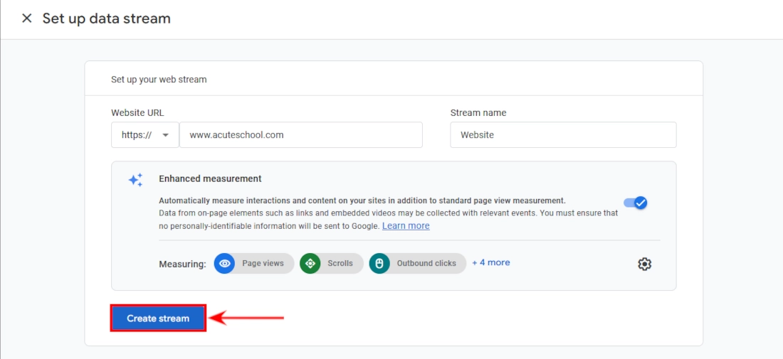 Creating a Google analytics data stream