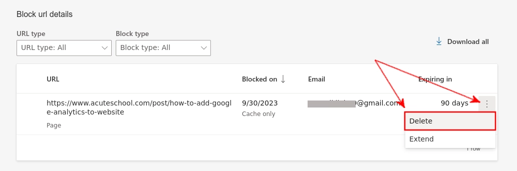Deleting URL block in Bing Webmaster Tools