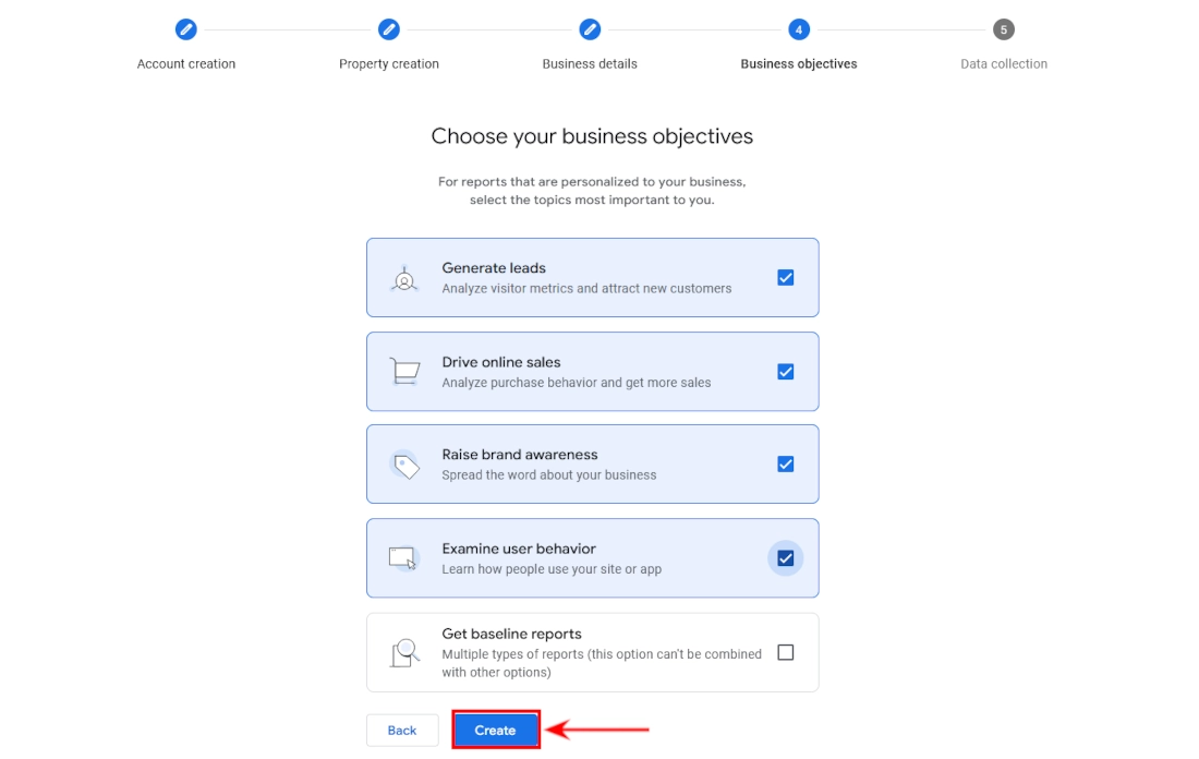 Choosing business objectives inGoogle Analytics