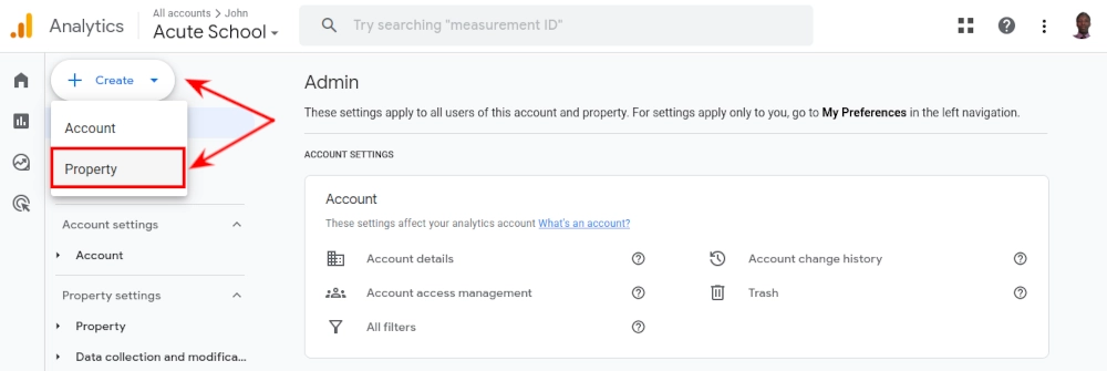 Google analytics create new property