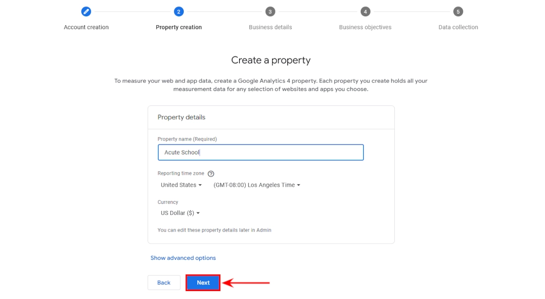 Google Analytics property name and timezone