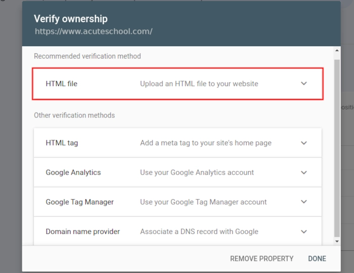 Google Search Console web verification options