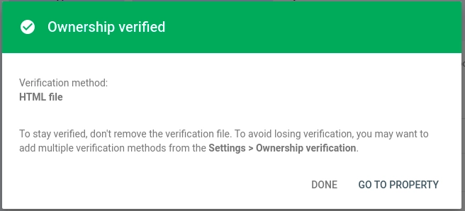 Successful Google Search Console verification