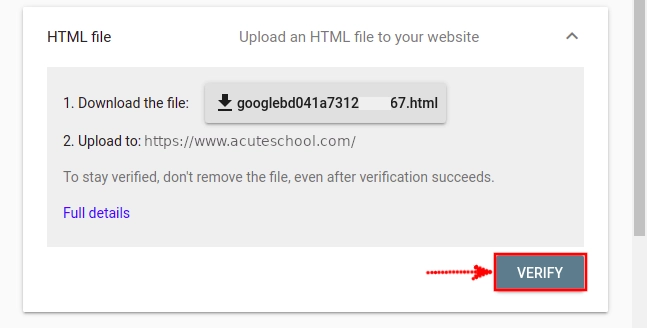 Google Search Console HTML file web verification