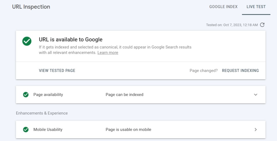 A Live tested URL in Google Search Console