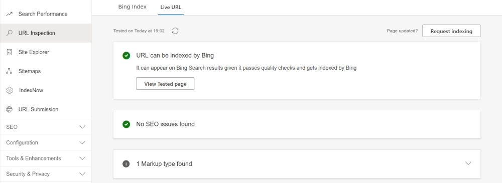 Live tested URL in Microsoft Bing Webmaster Tools