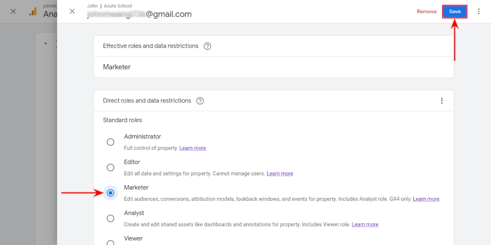 Making changes to user role in Google Analytics 4