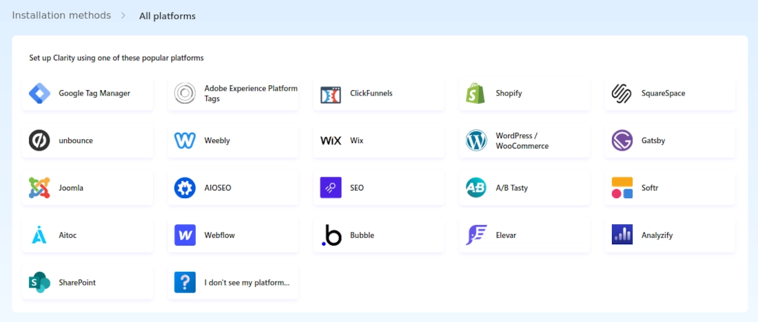 Microsoft Clarity installation of third-party platforms