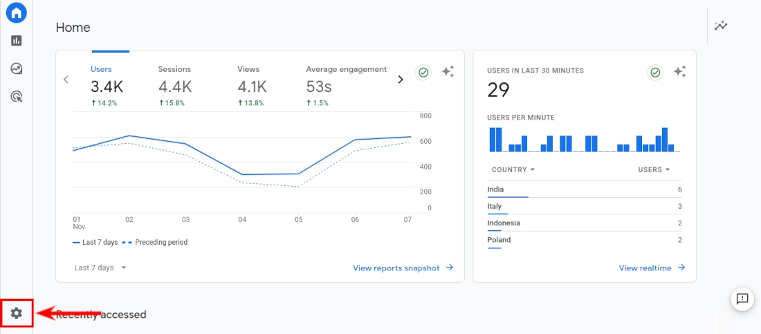 Opening property settings on Google Analytics 4