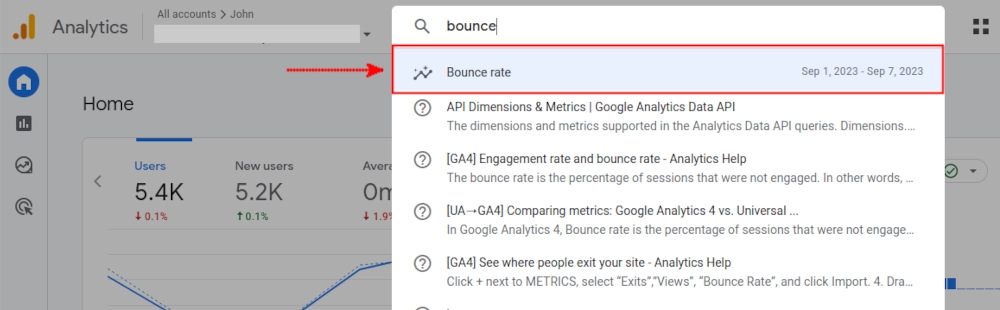 Opening bounce rate in Google Analytics 4