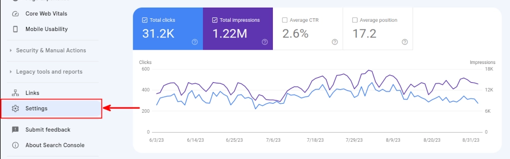 Navigating to Settings in Google Search Console