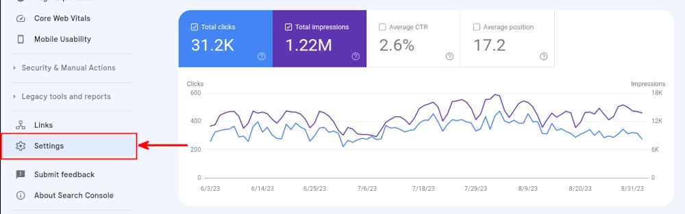 Opening settings in Google Search Console