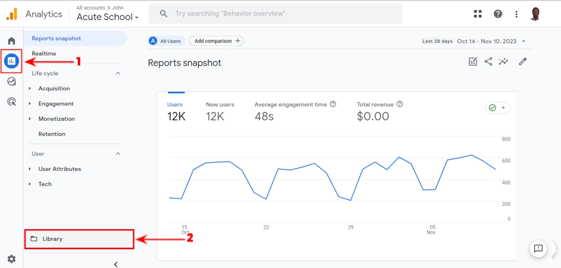 Opening the library tab in Google Analytics 4