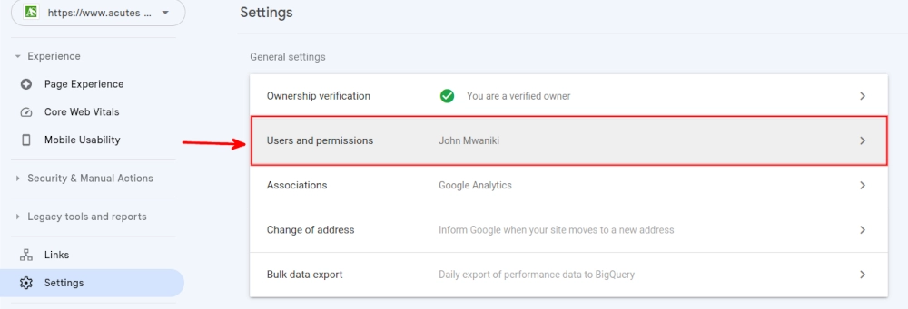 Opening users & permissions in Google Search Console