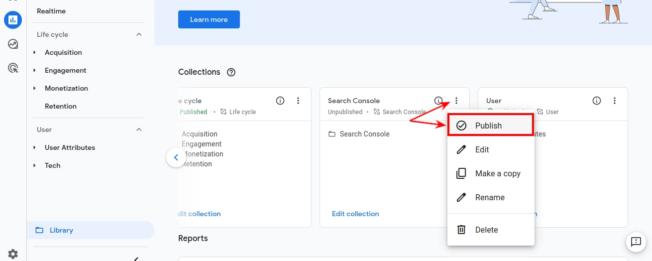 Publishing the Search Console collection in Google Analytics 4