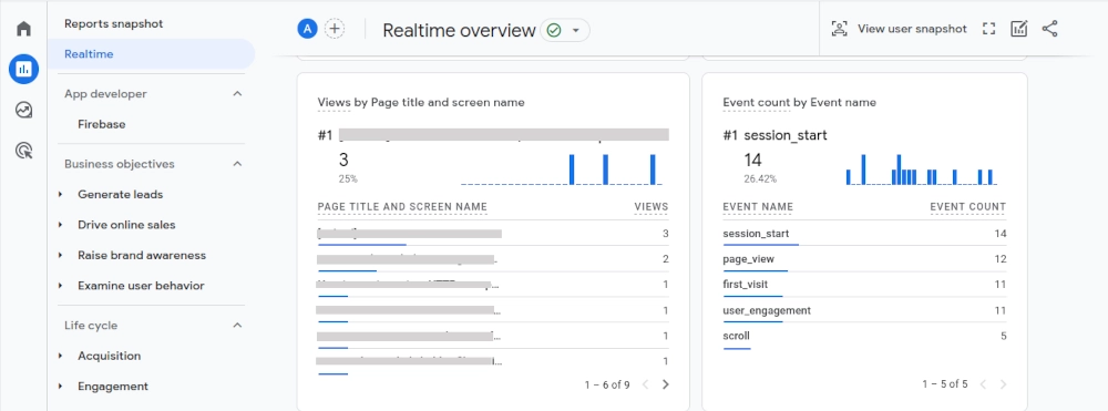 Realtime events in Google Analytics 4