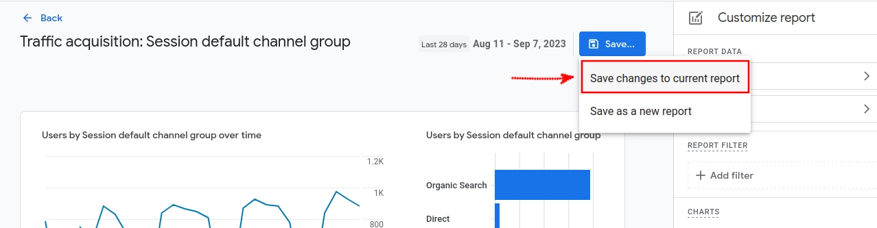 Saving changes to current report in Google Analytics 4