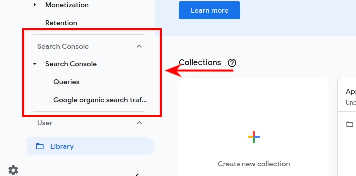 Search Console collection menu items in GA4