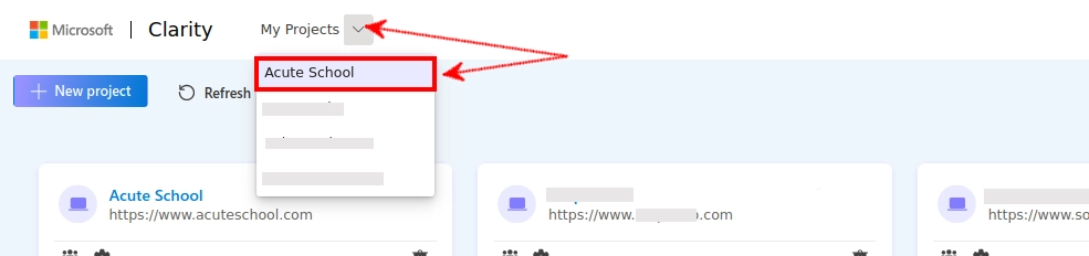 Selecting a project in Microsoft Clarity account