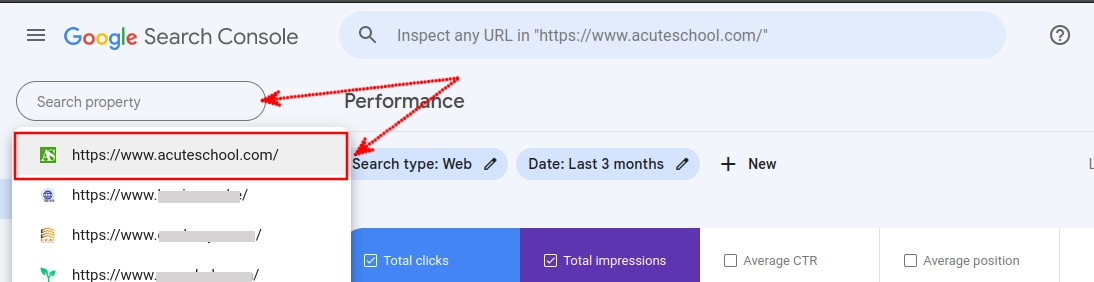 Selecting a property in Google Search Console