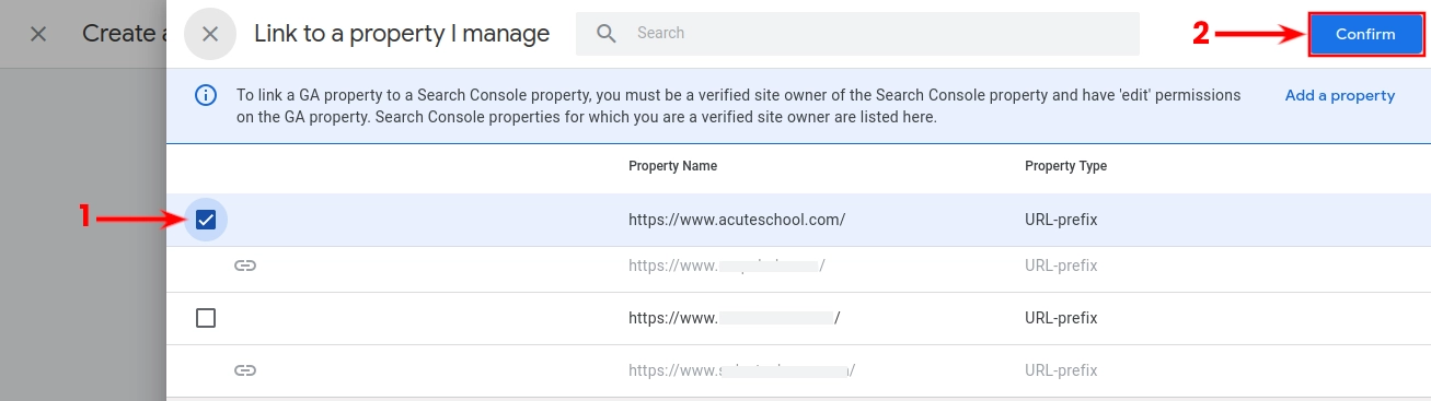 Selecting a Search Console Property in Google Analytics 4
