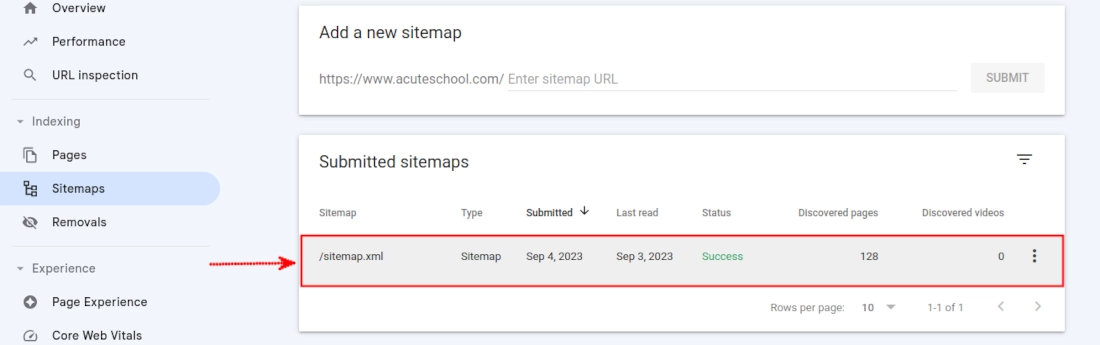 Selecting the sitemap to remove in Google Search Console