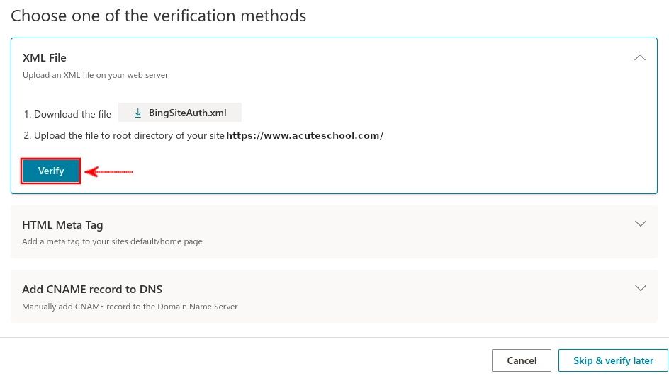 Site verification via XML file