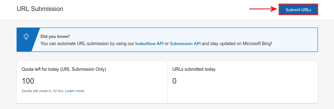 Submit URLs button in Microsoft Bing Webmaster Tools