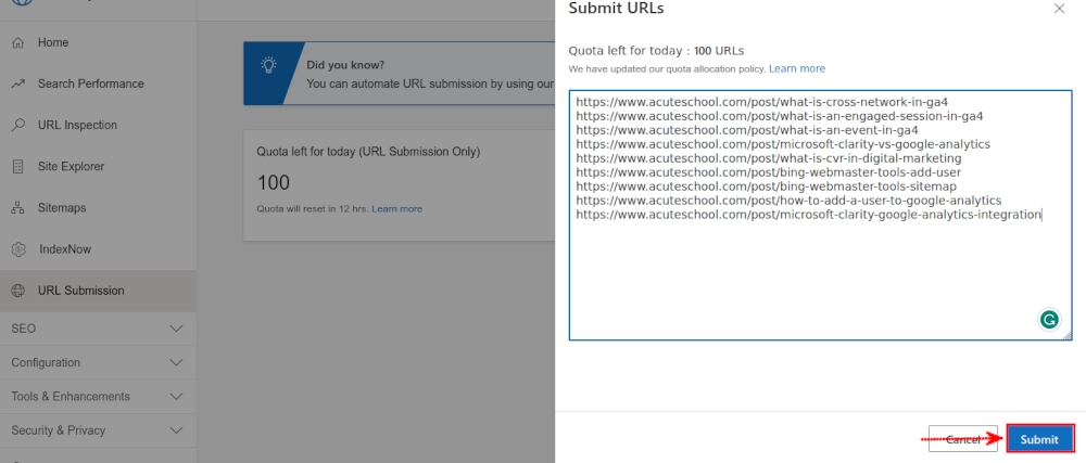 Submiting URLs in Microsoft Bing Webmaster Tools