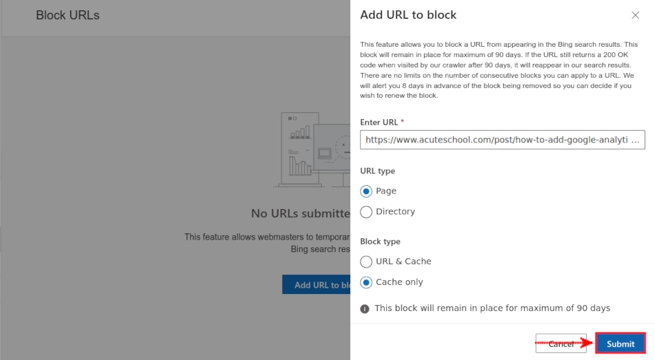 Submitting URL for blocking in Bing Webmaster Tools