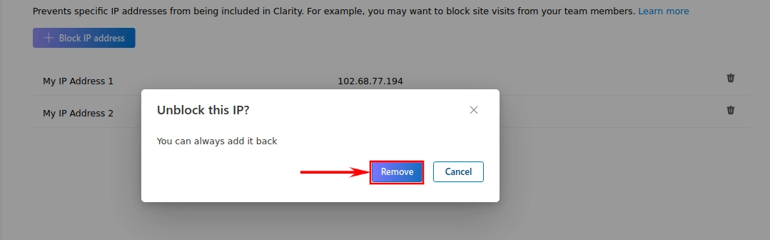 Unblocking an IP address on Microsoft Clarity