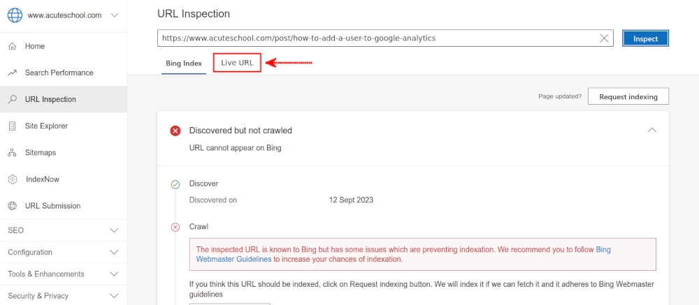 URL index and crawl status in Microsoft Bing Webmaster Tools