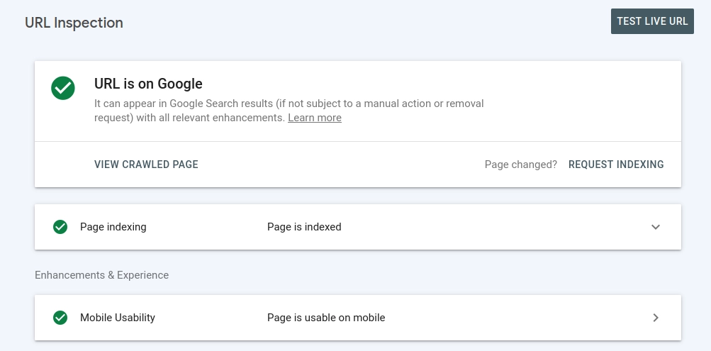 URL is on Google in Google Search Console