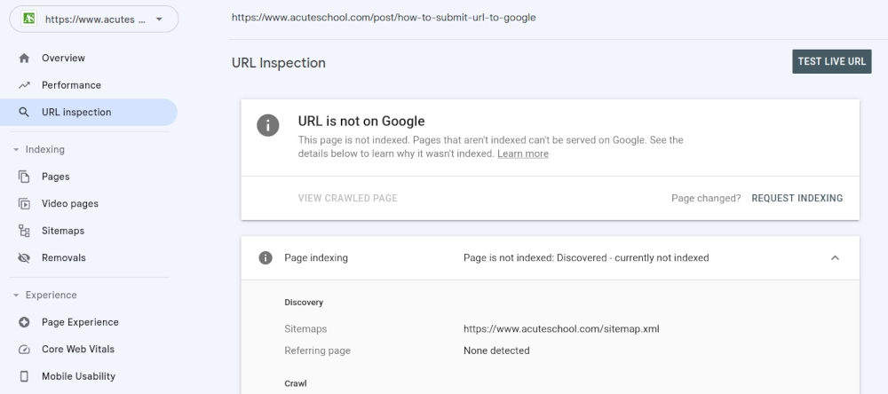 URL not in Google in Google Search Console