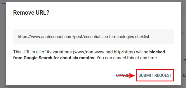 URL removal confimation in Google Search Console