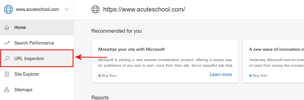 URL Inspection in Microsoft Bing Webmaster Tools