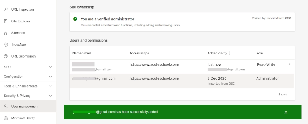 Users and permissions in Bing Webmaster Tools